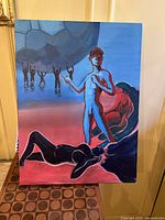 Front view of oil painting showing entire artwork with figures and abstract background