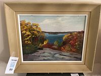 Front view of framed oil painting showing landscape scene