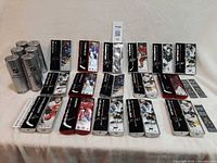 Full lot overview showing 22 packaged mini sticks and 5 silver NHL cans