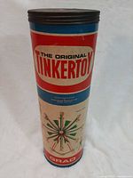 Front view of cylindrical Tinkertoy canister