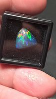 Black opal gemstone in display box, frontal view showing play of color
