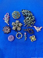 Group shot of all eleven brooches on blue background
