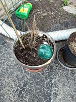 Grey/orange planter with soil and partial black planter