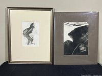 Both monotype prints side by side: framed figurative piece and matted abstract piece