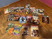 All 20 paperback leveled readers arranged on floor showing covers and franchises