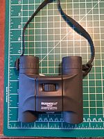 Front view showing Bushnell branding, 10×25 marking, central focus wheel, neck strap