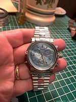 Front view of Lindbergh & Sons automatic chronograph watch showing dial and bracelet