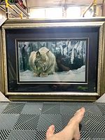 Front view of framed lithograph showing artwork, frame, mats, and glass