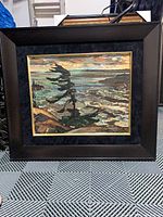 Front view of framed lithograph showing artwork, frame, mat and glazing