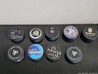 Front logos of eight pucks