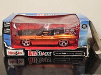 Front view of boxed Maisto Dodge Charger R/T model showing car color and wheels