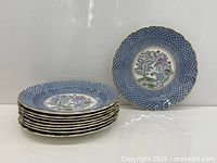 Stack of eight plates with one upright showing pattern