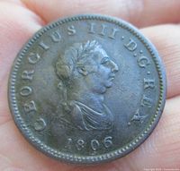 Obverse of 1806 farthing showing King George III bust and inscription GEORGIUS III D G REX with date 1806