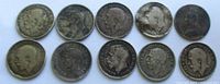 Group of ten British three-pence coins obverse side showing monarch portraits