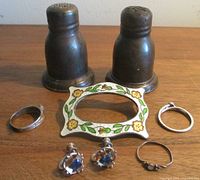All items grouped: two shakers, hair clip, earrings, three rings