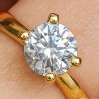 Close-up of ring on finger showing moissanite and prongs