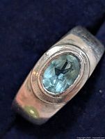 Oblique close-up of silver ring showcasing blue topaz and band detail