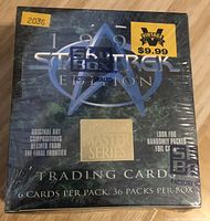 Front of sealed Skybox Star Trek Master Series box showing factory seal, 6 cards per pack, 36 packs per box