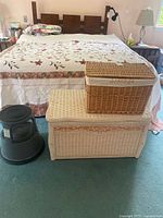 Overall shot of chest, basket and step stool in bedroom