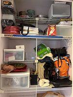 Closet shelves showing totes, boxed lightbulbs, plastic cutlery, paper plates, storage drawers and miscellaneous party supplies