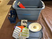Wide view of tote, crate, platter, Keurig box, linens