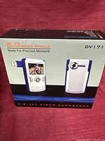 Front of retail box showing DV171 camcorder image and specifications