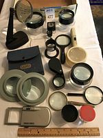 Overall view of all magnifiers arranged on table
