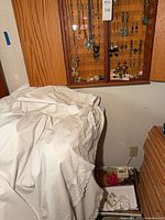 Wall cabinet interior showing hanging necklaces, earrings and charms