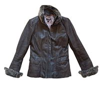 Full front view of brown suede jacket with faux fur collar and cuffs displayed flat