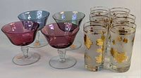 Group of 4 iridescent coupes and 6 frosted gold leaf highballs