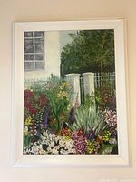 garden scene floral painting in white frame