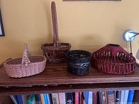 All three baskets and red wicker lamp shade on shelf