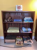 Full view of bookcase with clock on top, cat figurine on shelf, stacks of books and magazines