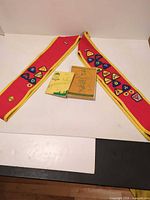 Overall view of two badge sashes and two Scout manuals