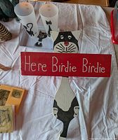 Wood cat sign, two cat glasses in tray