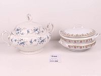 Three porcelain casserole dishes side by side showing patterns and sizes