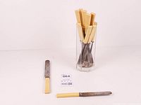 View of knives inside glass holder and two knives laid out