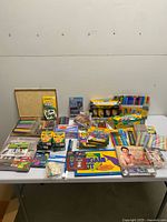 Overall view of all craft supplies laid out on table