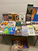 Overview of books on table and box below