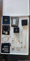 Overview of entire lot laid out in tray showing all jewelry pieces