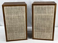 Front view of both Dynaco A-25 speakers with grill cloth