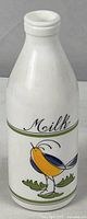 Full view of Egizia milk glass bottle with bird design and Milk script