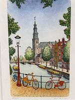 Full view of framed etching showing Amsterdam canal scene
