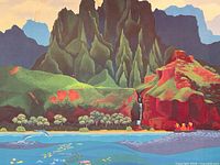 Close view of lithograph showing Na Pali cliffs and ocean