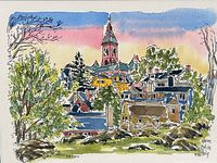 Close-up of print showing Abbott Hall scene, numbering 34/100 and artist signature