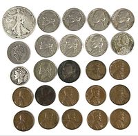 All twenty coins laid out in four rows