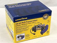 Front view of sealed Goodyear 120 V Multi-Purpose Inflator retail box