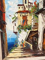 Full view of painting showing coastal village scene and artist signature