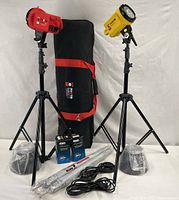 Full kit displayed: two lamp heads on stands, carry bag, reflectors, bulbs, umbrellas and cords
