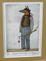 Close-up of artwork detail featuring coyote figure